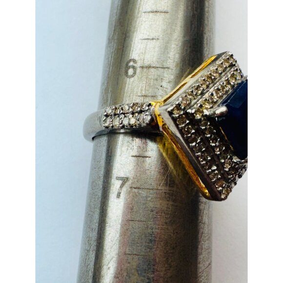 Estate Two-Tone Sterling Silver Blue Gemstone CZ Halo Statement Ring 6.5 925 - Picture 8 of 10